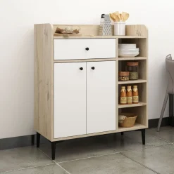 Aparador Reyna armario + cajón + 4 compartimentos natural/blanco 105x90x40 cm