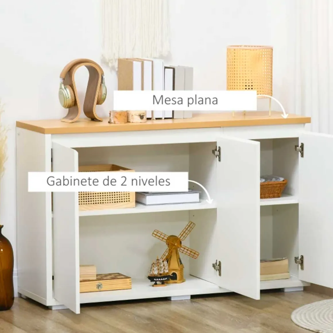 Aparador Roko Homcom 2 puertas + 2 estantes ajusables blanco 75x120x37 cm