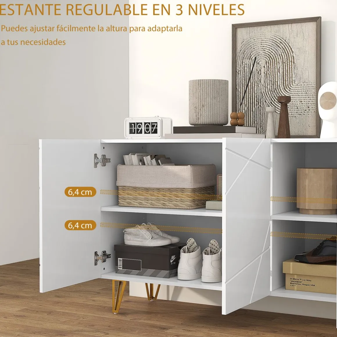 Aparador Sable Homcom 3 puertas blanco brillo 75x120x40 cm
