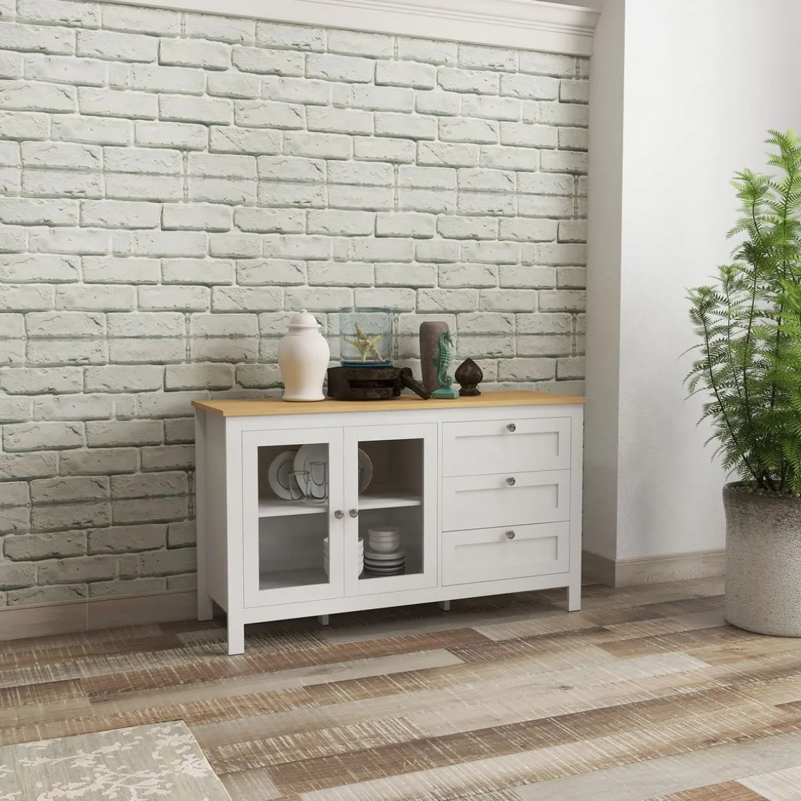 Aparador San Blas Homcom 2 puertas + 3 cajones blanco/natural 70x120x40 cm
