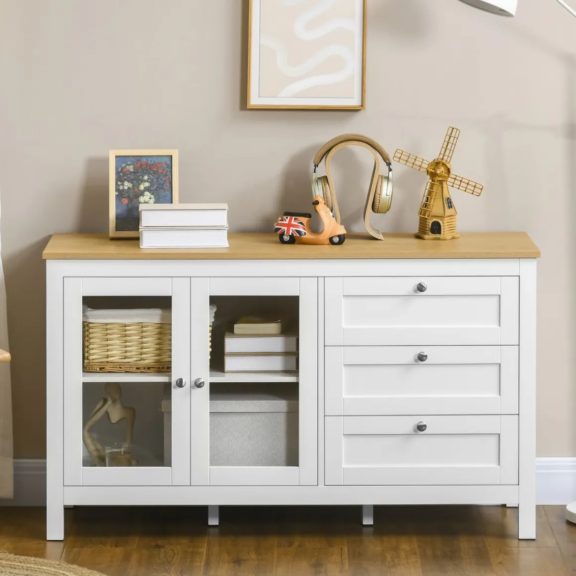 Aparador San Blas Homcom 2 puertas + 3 cajones blanco/natural 70x120x40 cm