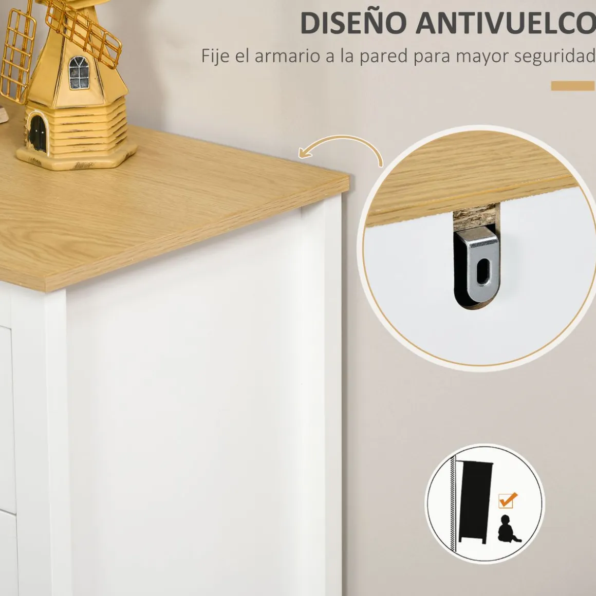 Aparador San Blas Homcom 2 puertas + 3 cajones blanco/natural 70x120x40 cm