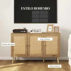 Aparador Savoy Homcom 3 puertas de ratán natural 75x120x40 cm