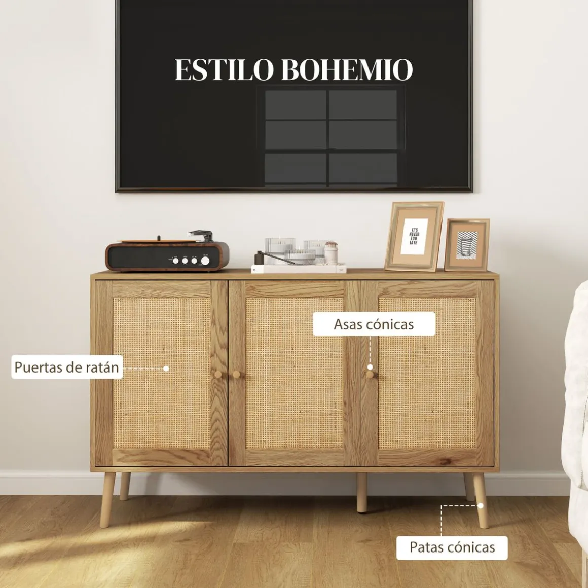 Aparador Savoy Homcom 3 puertas de ratán natural 75x120x40 cm