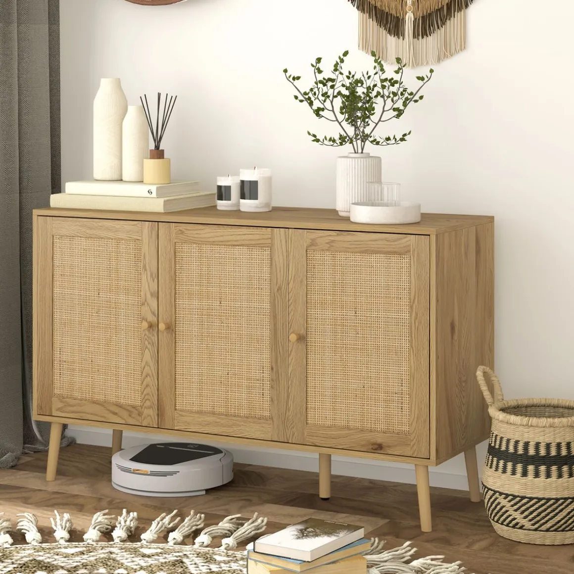 Aparador Savoy Homcom 3 puertas de ratán natural 75x120x40 cm