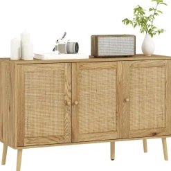 Aparador Savoy Homcom 3 puertas de ratán natural 75x120x40 cm