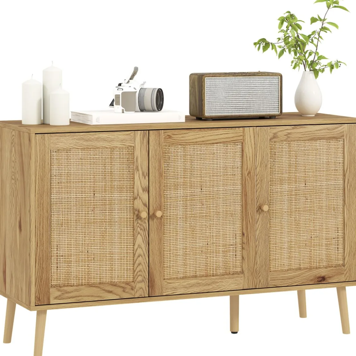 Aparador Savoy Homcom 3 puertas de ratán natural 75x120x40 cm