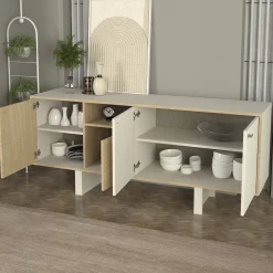 Aparador Selinos 4 puertas blanco/natural 76x180x45 cm