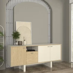 Aparador Selinos 4 puertas blanco/natural 76x180x45 cm
