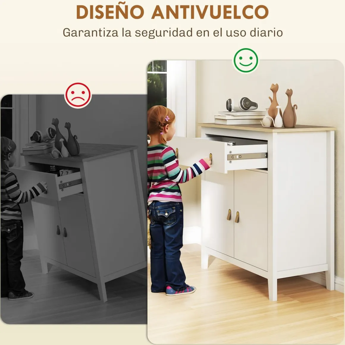 Aparador Skadi Homcom 2 puertas con cajón blanco 90x80x40 cm