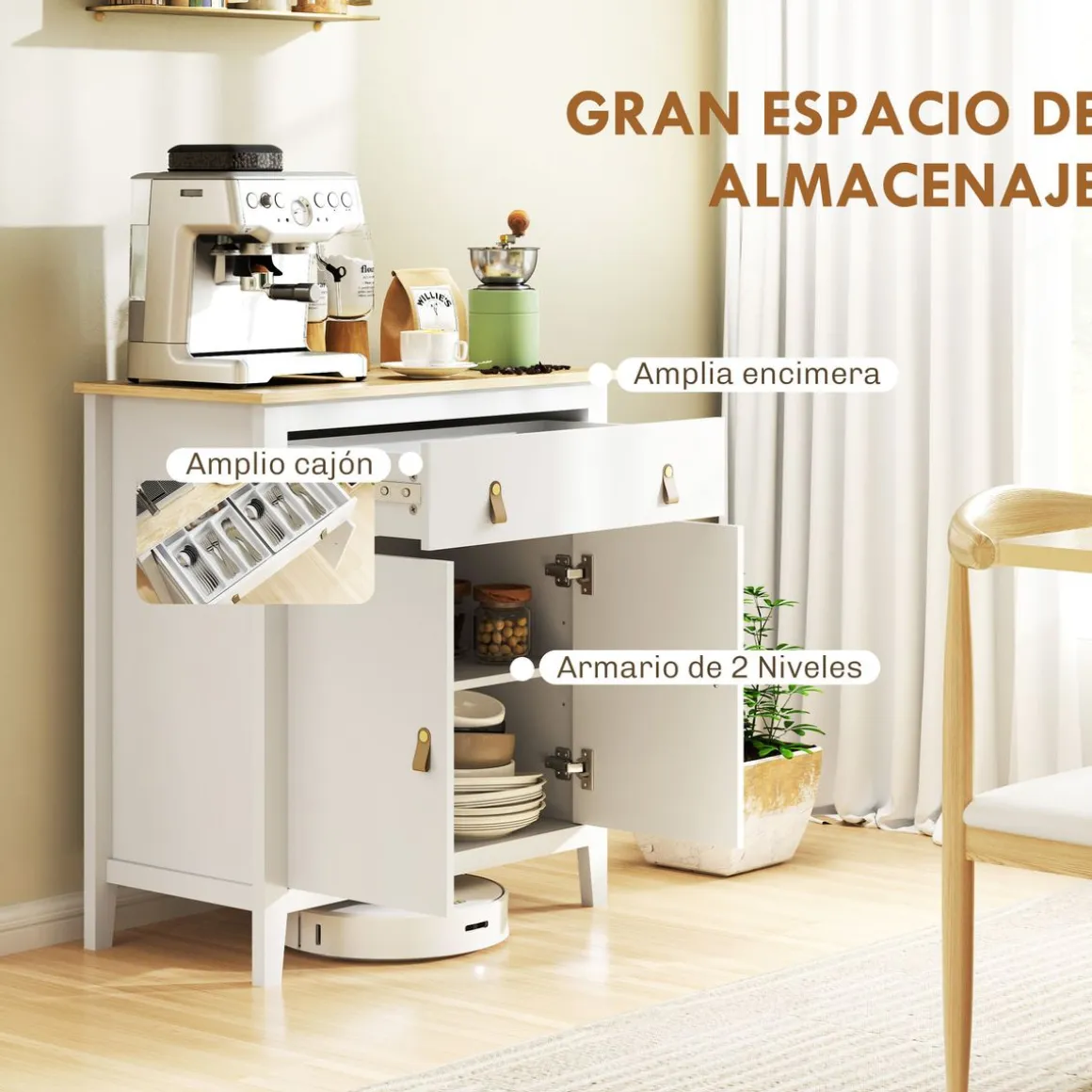 Aparador Skadi Homcom 2 puertas con cajón blanco 90x80x40 cm