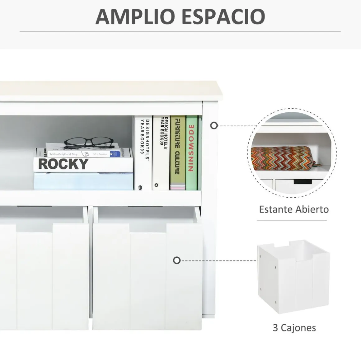 Aparador Tauro Homcom 3 cajones + estante blanco 61,5x102x33 cm