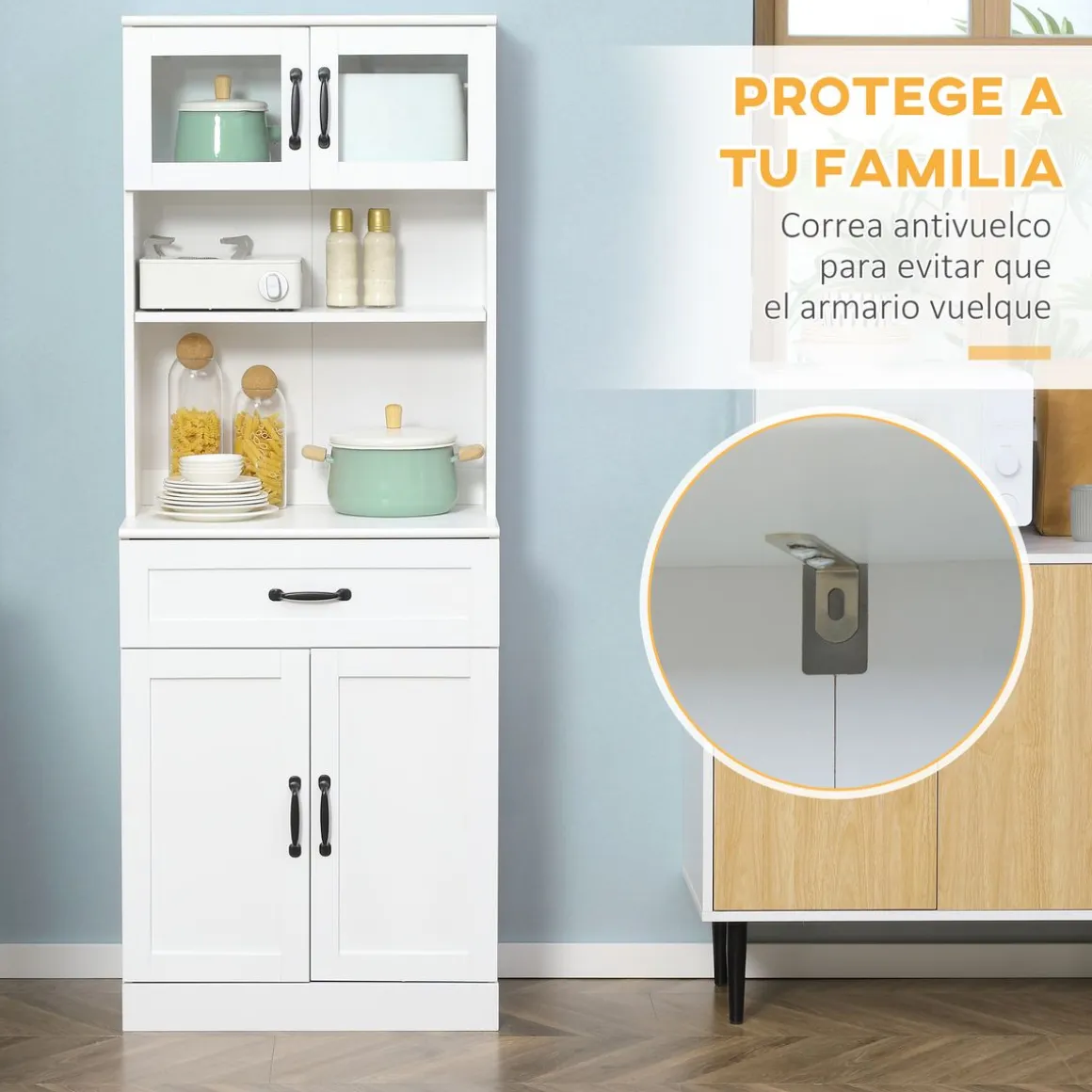Aparador Tina Homcom 4 puertas + 2 compartimentos blanco 161x60x38 cm