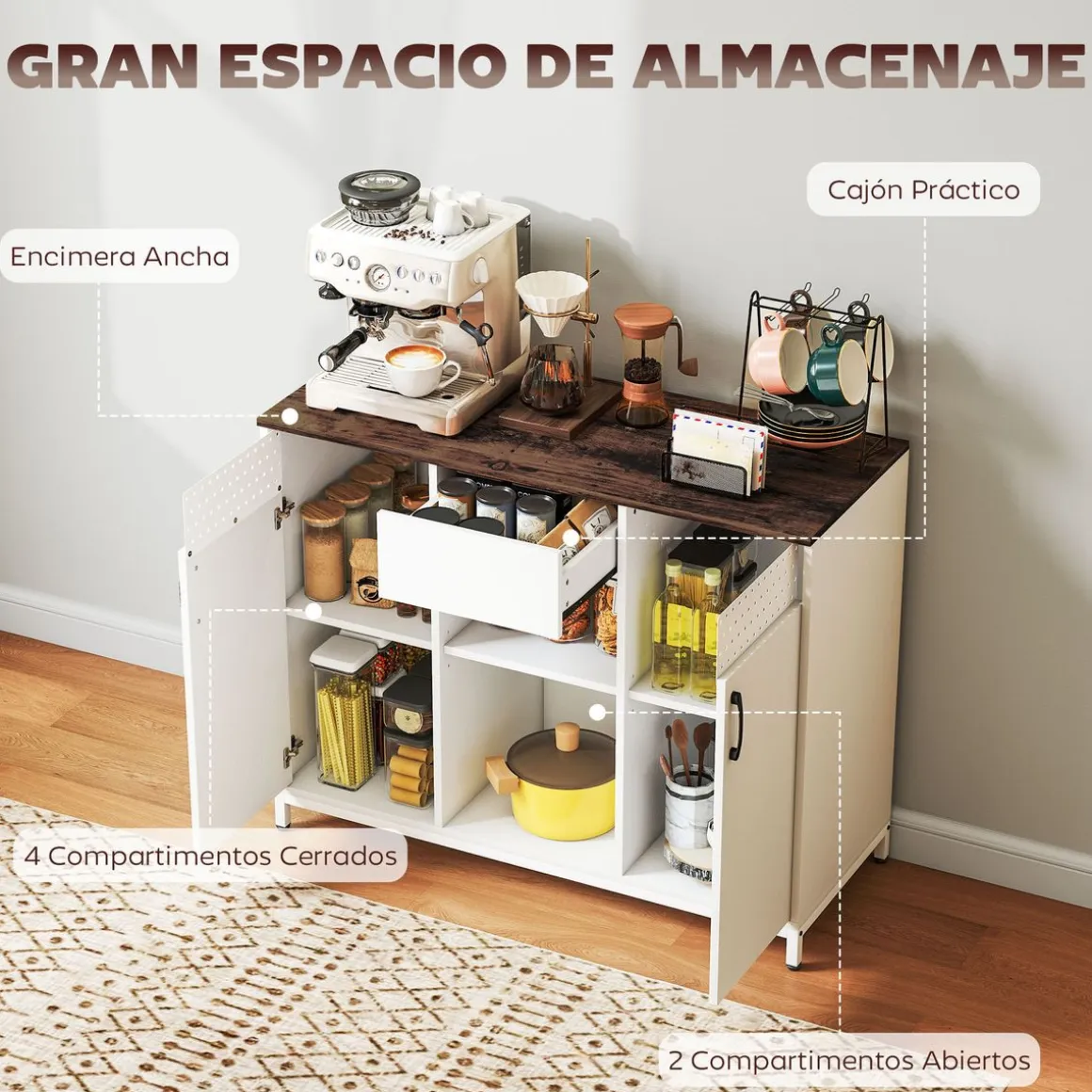 Aparador Valeria Homcom 2 puertas + 2 compartimentos abiertos + 1 cajón 80x100x40 cm