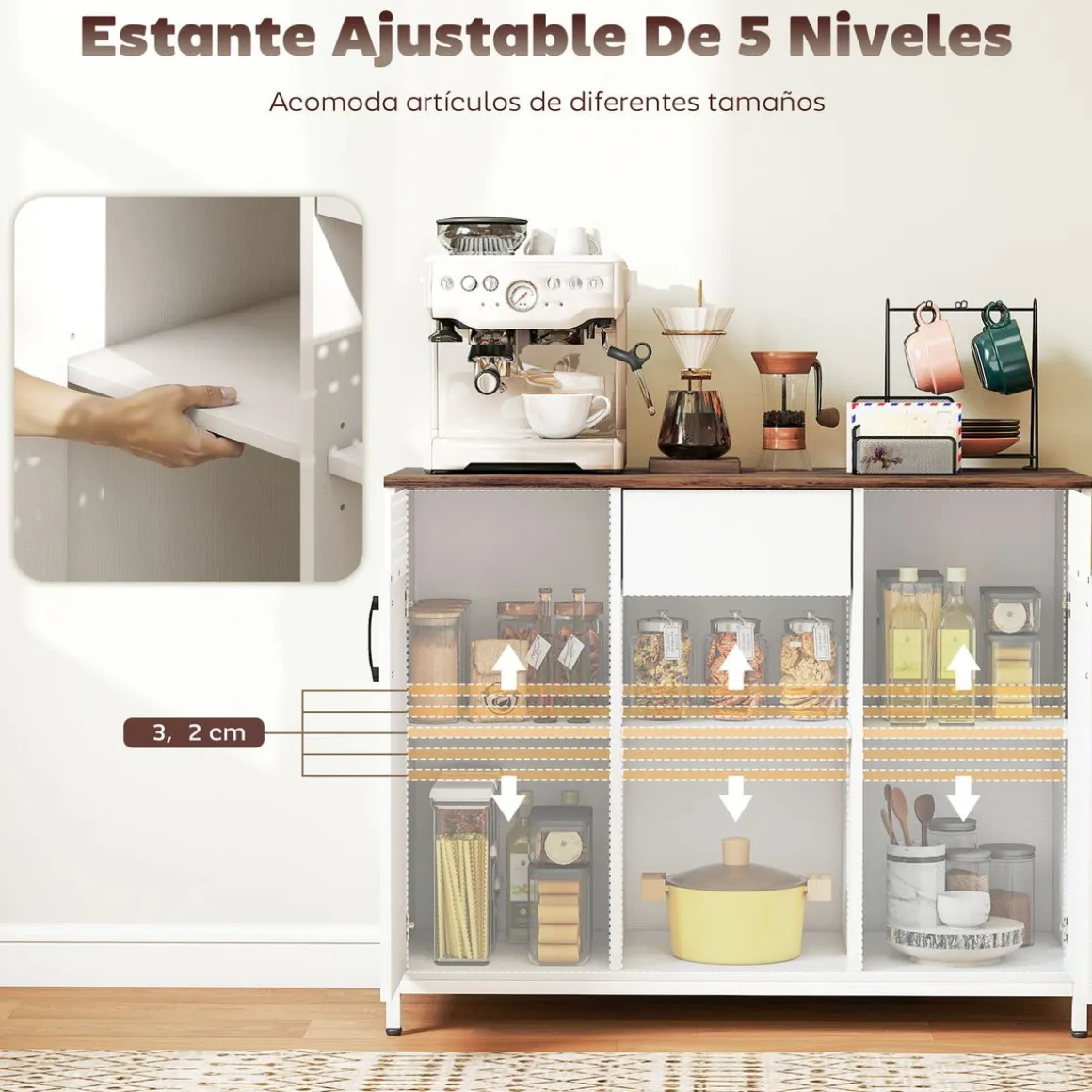 Aparador Valeria Homcom 2 puertas + 2 compartimentos abiertos + 1 cajón 80x100x40 cm