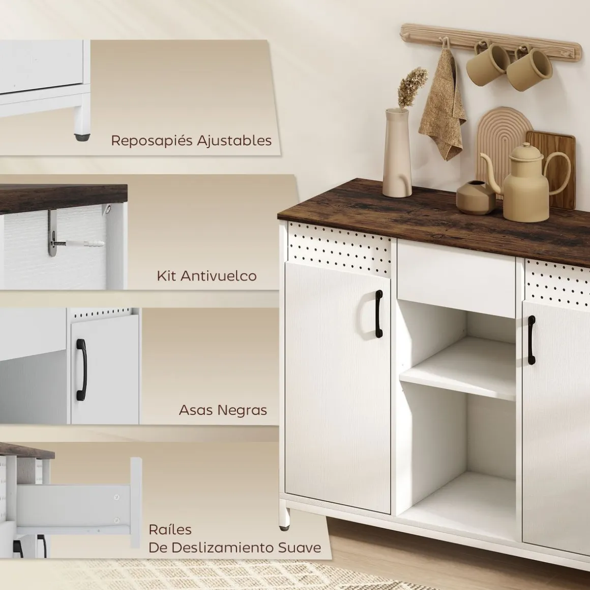 Aparador Valeria Homcom 2 puertas + 2 compartimentos abiertos + 1 cajón 80x100x40 cm