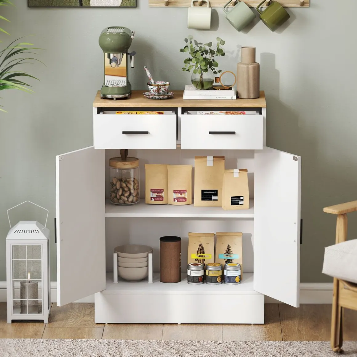 Aparador Venecia Homcom 2 cajones + 2 puertas blanco/natural 90,3x68,6x35 cm
