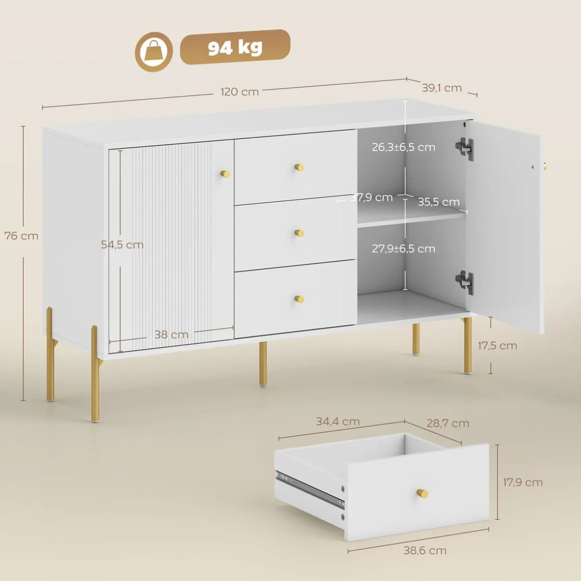 Aparador Vexa Homcom 2 puertas y 3 cajones blanco 76x120x39,1 cm