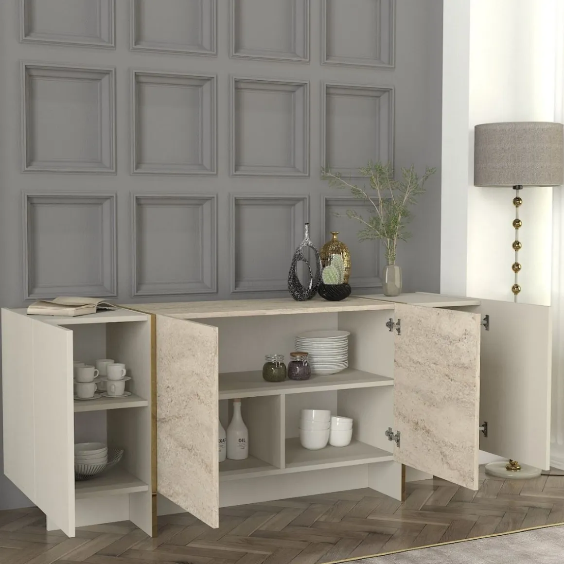 Aparador Veyron 4 puertas blanco/natural 75x180x46 cm