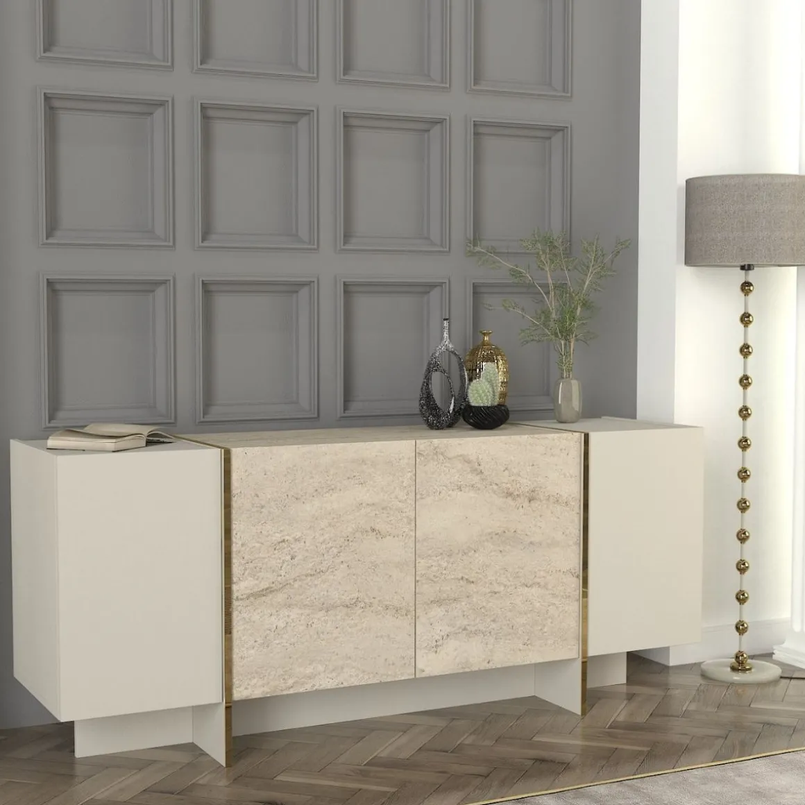 Aparador Veyron 4 puertas blanco/natural 75x180x46 cm