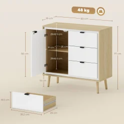 Aparador Vivo Homcom 1 puerta con 3 cajones blanco/natural 77x80x35 cm