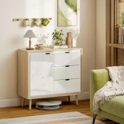Aparador Vivo Homcom 1 puerta con 3 cajones blanco/natural 77x80x35 cm