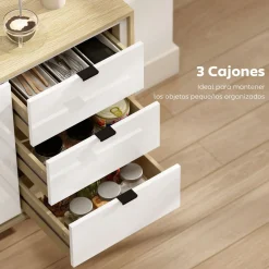 Aparador Vivo Homcom 1 puerta con 3 cajones blanco/natural 77x80x35 cm