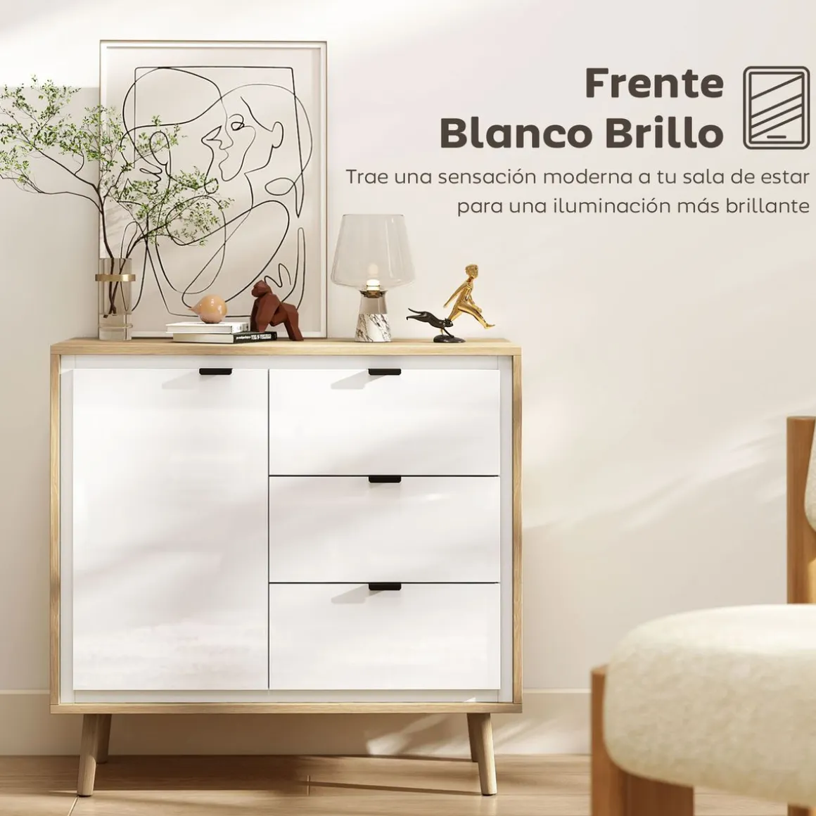 Aparador Vivo Homcom 1 puerta con 3 cajones blanco/natural 77x80x35 cm