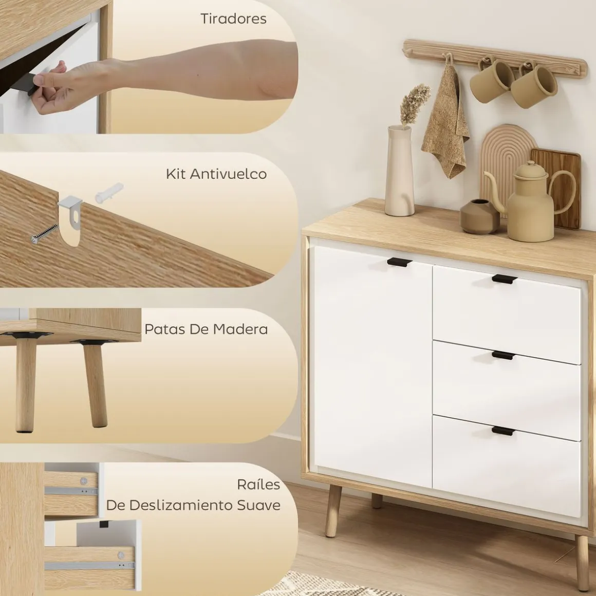 Aparador Vivo Homcom 1 puerta con 3 cajones blanco/natural 77x80x35 cm