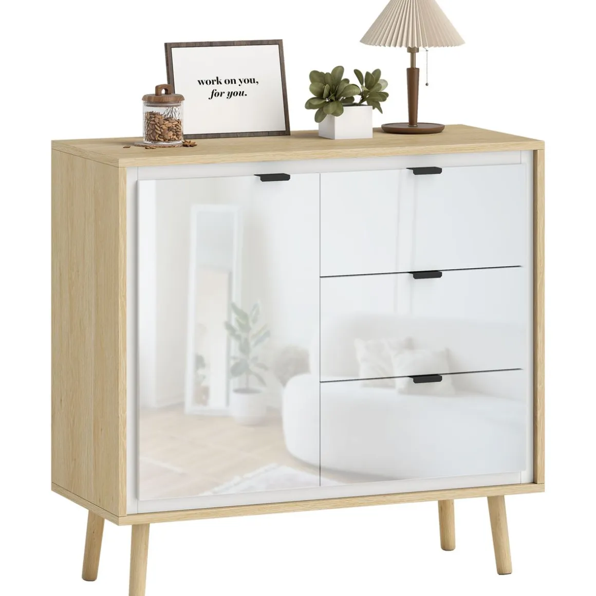 Aparador Vivo Homcom 1 puerta con 3 cajones blanco/natural 77x80x35 cm