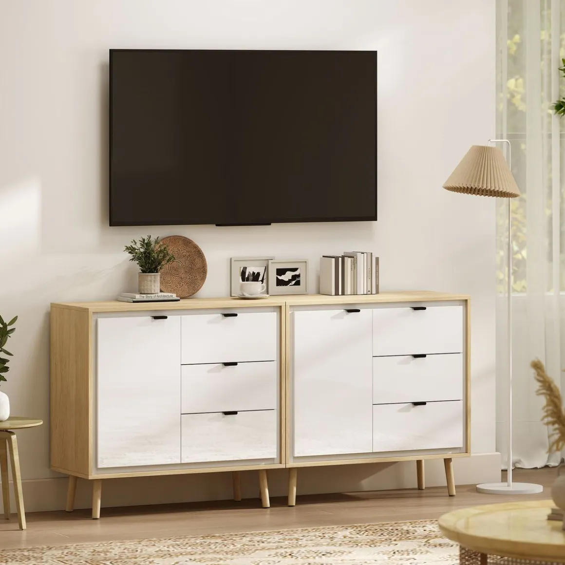 Aparador Vivo Homcom 1 puerta con 3 cajones blanco/natural 77x80x35 cm