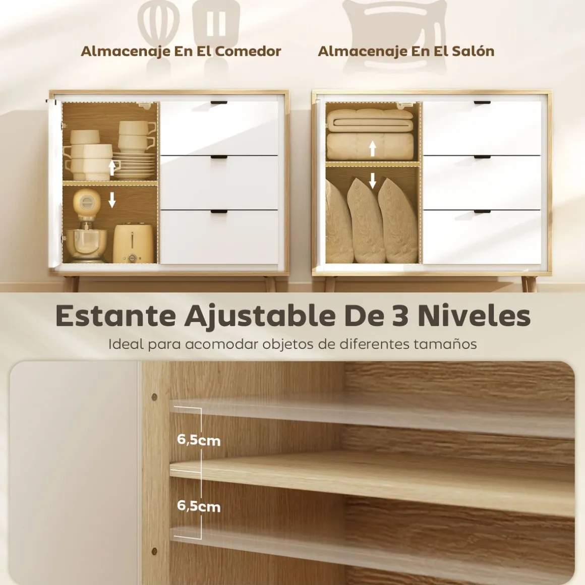 Aparador Vivo Homcom 1 puerta con 3 cajones blanco/natural 77x80x35 cm