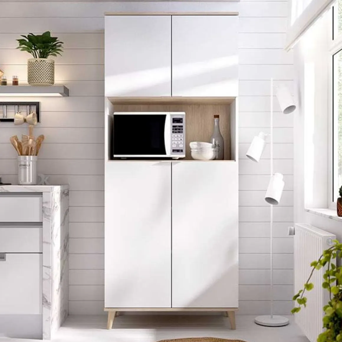 Aparador Wok 4 puertas con compartimento abierto blanco/natural 189x80x40 cm