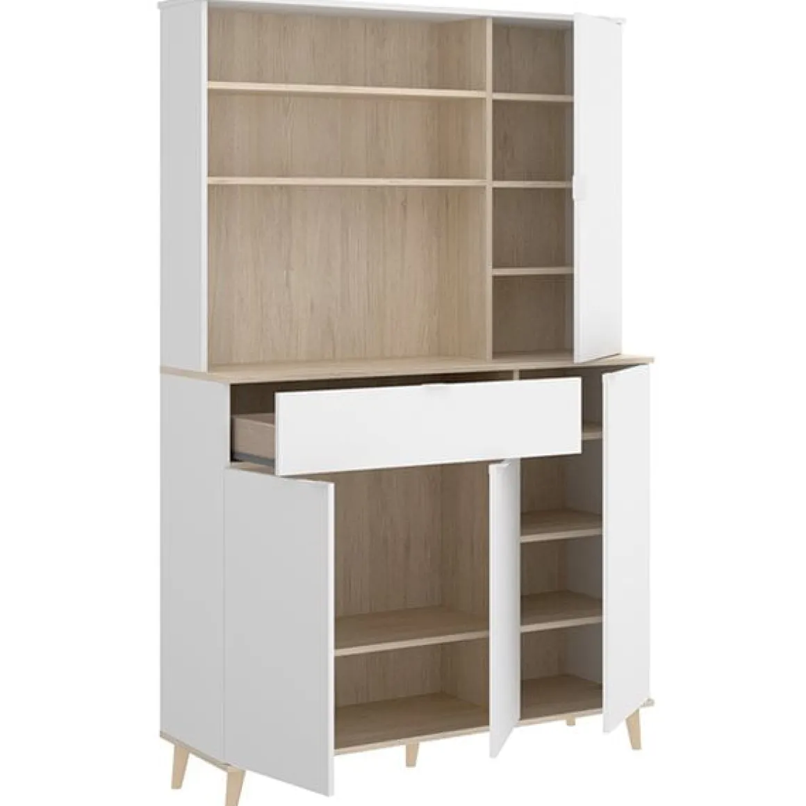 Aparador Wok 4 puertas con cajón y 2 estantes blanco/natural 191x120x40 cm
