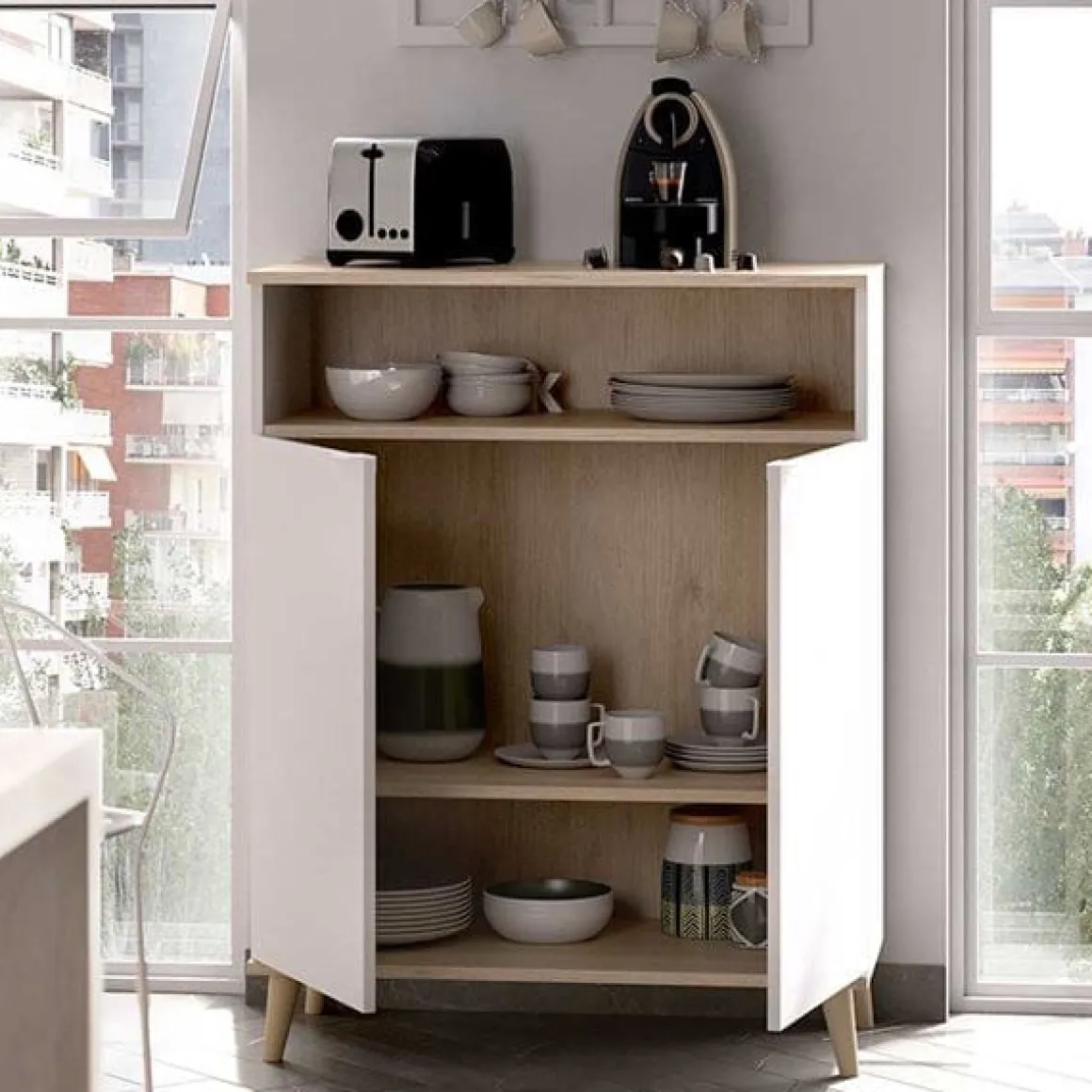Aparador Wok 2 puertas con compartimento blanco/natural 102x80x40 cm