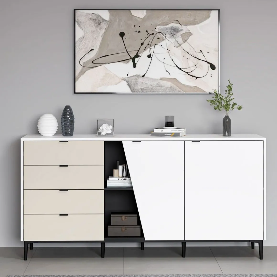 Aparador Yelena 4 cajones con 2 puertas blanco/beige 90x180x45 cm
