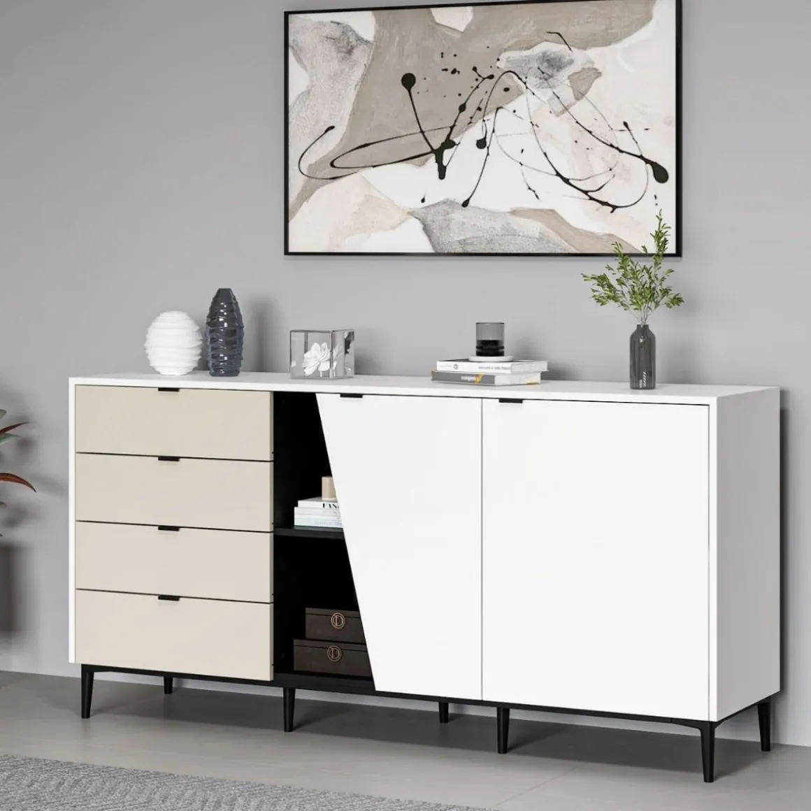 Aparador Yelena 4 cajones con 2 puertas blanco/beige 90x180x45 cm