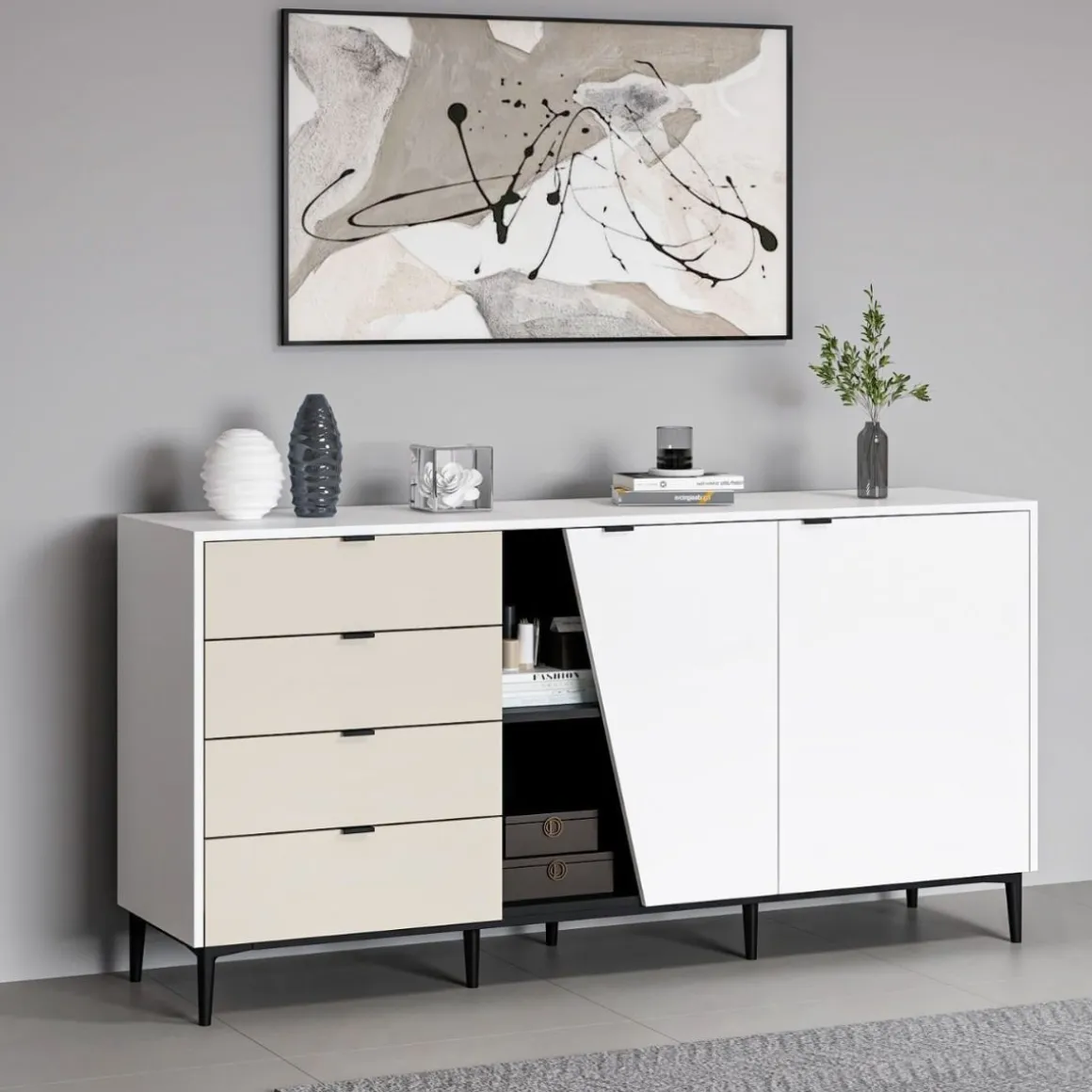 Aparador Yelena 4 cajones con 2 puertas blanco/beige 90x180x45 cm