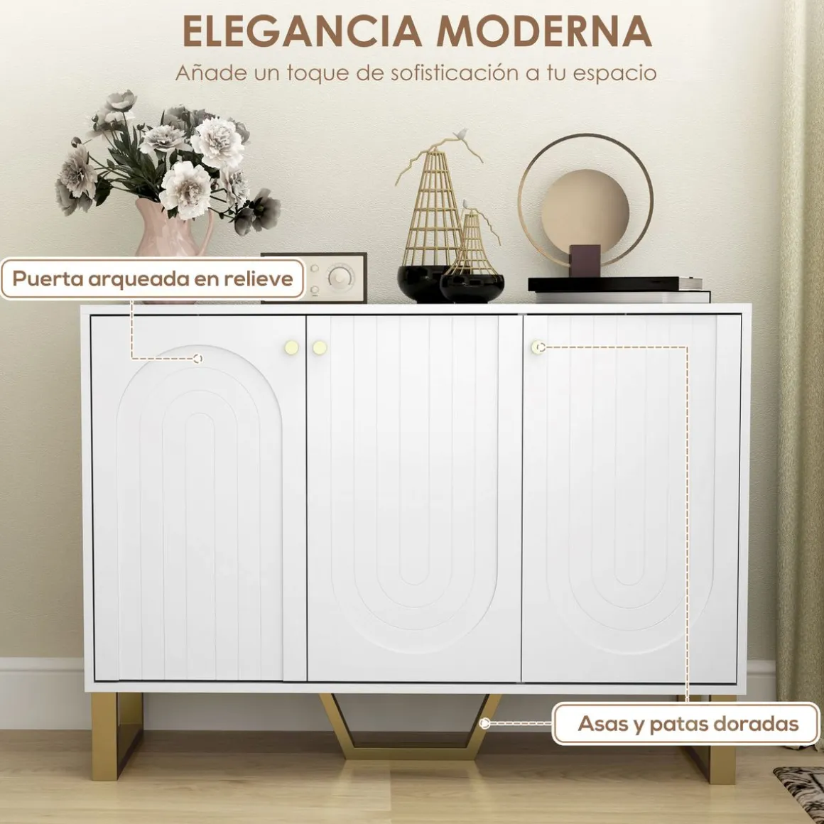 Aparador Yhulia Homcom 3 puertas blanco/dorado 77,5x106,5x35 cm