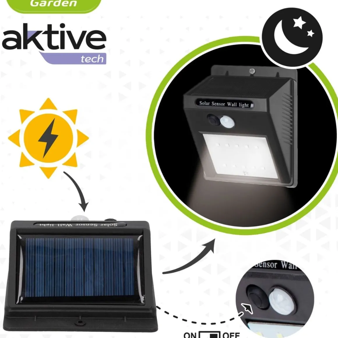 Aplique solar Aktive 8 LED sensor de movimiento negro 12,4x9,5x5 cm