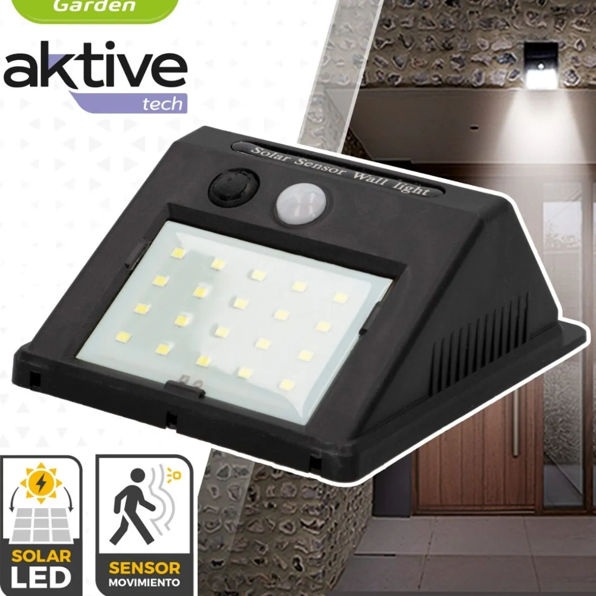 Aplique solar Aktive 8 LED sensor de movimiento negro 12,4x9,5x5 cm