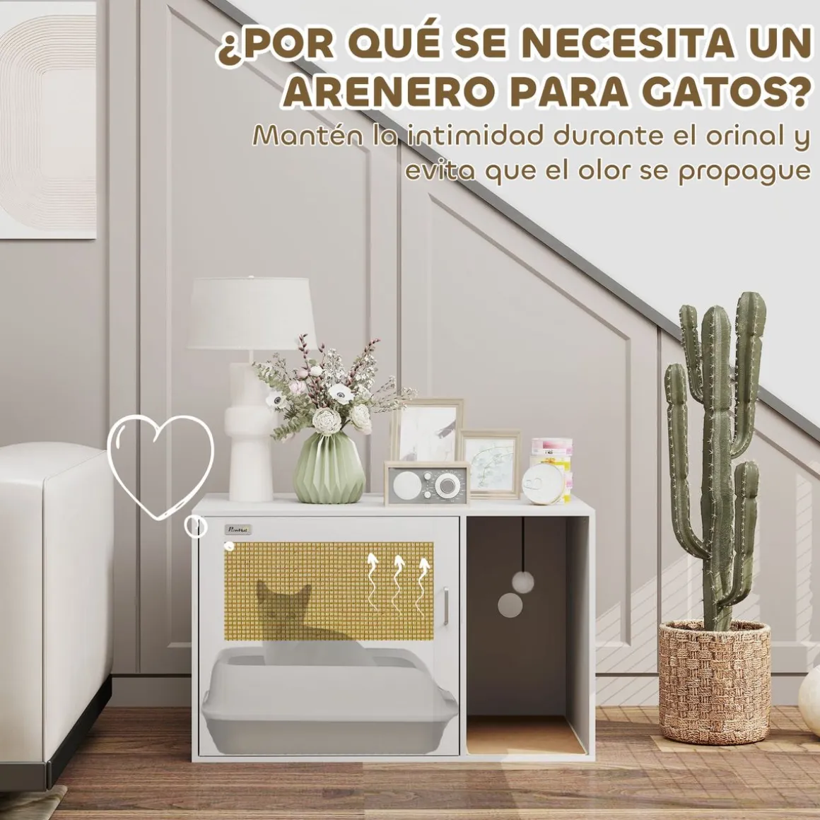 Arenero Gummy PawHut con puerta y rascador blanco/natural 50x80x50 cm