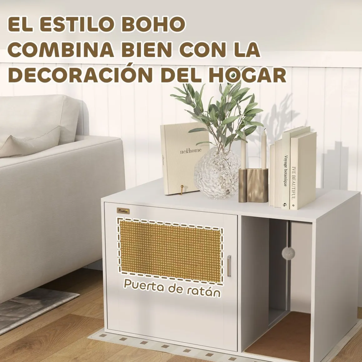 Arenero Gummy PawHut con puerta y rascador blanco/natural 50x80x50 cm