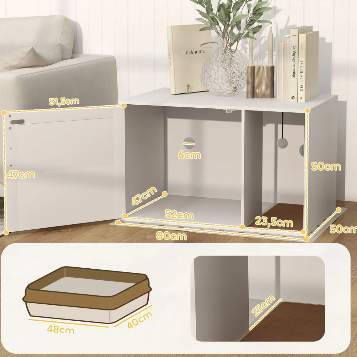 Arenero Gummy PawHut con puerta y rascador blanco/natural 50x80x50 cm
