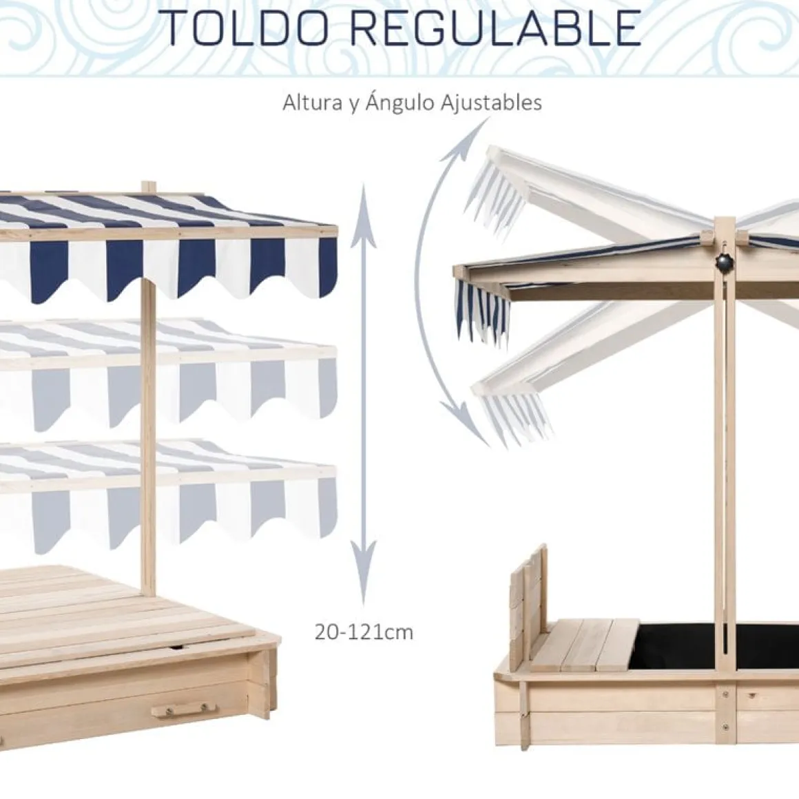 Arenero infantil Outsunny con toldo ajustable +3A natural 121x106x106 cm