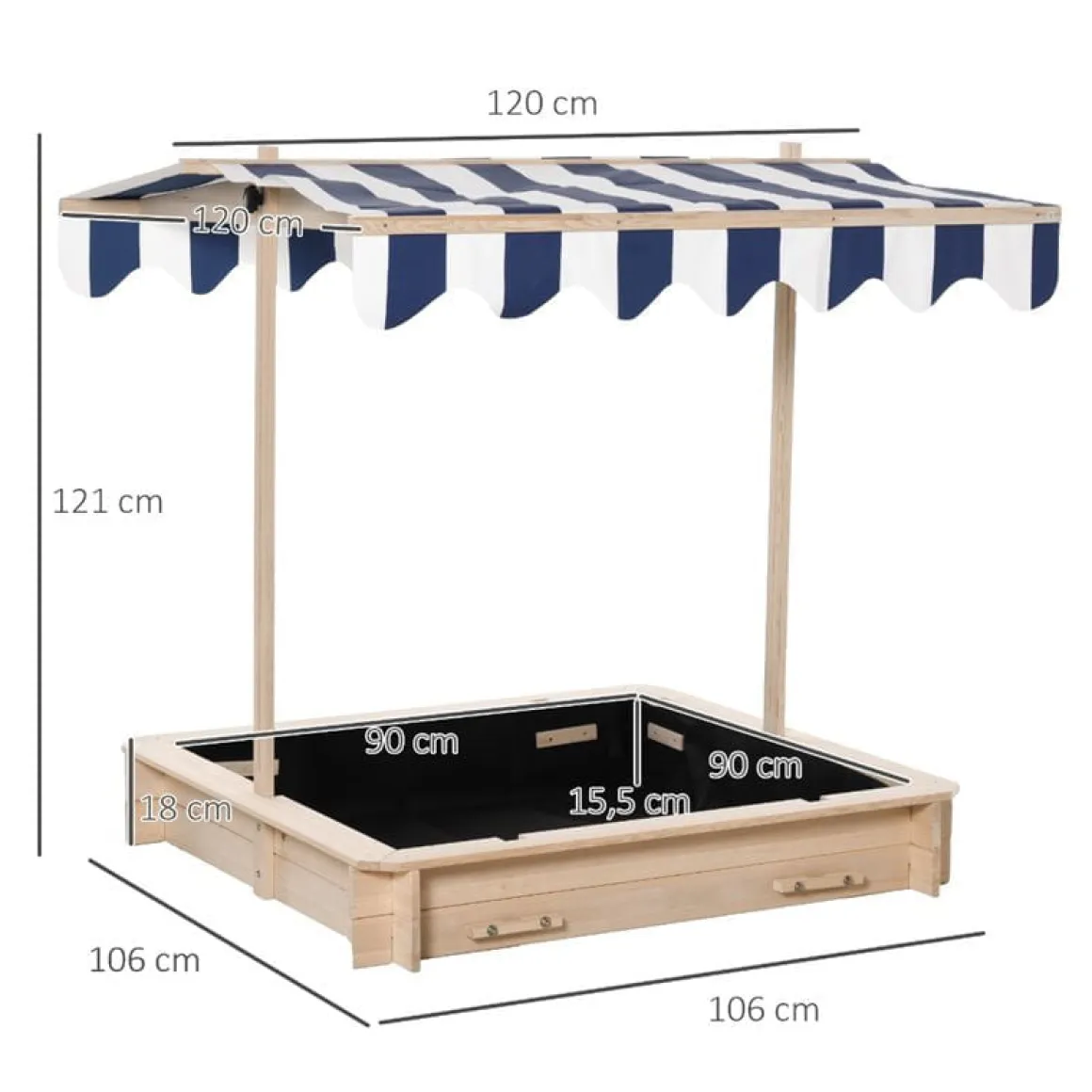 Arenero infantil Outsunny con toldo ajustable +3A natural 121x106x106 cm