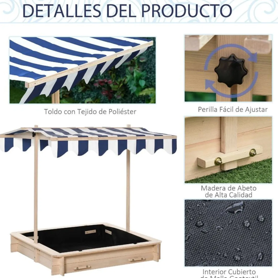 Arenero infantil Outsunny con toldo ajustable +3A natural 121x106x106 cm