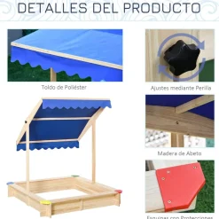 Arenero infantil Outsunny con toldo ajustable +3A azul 120x120x120 cm