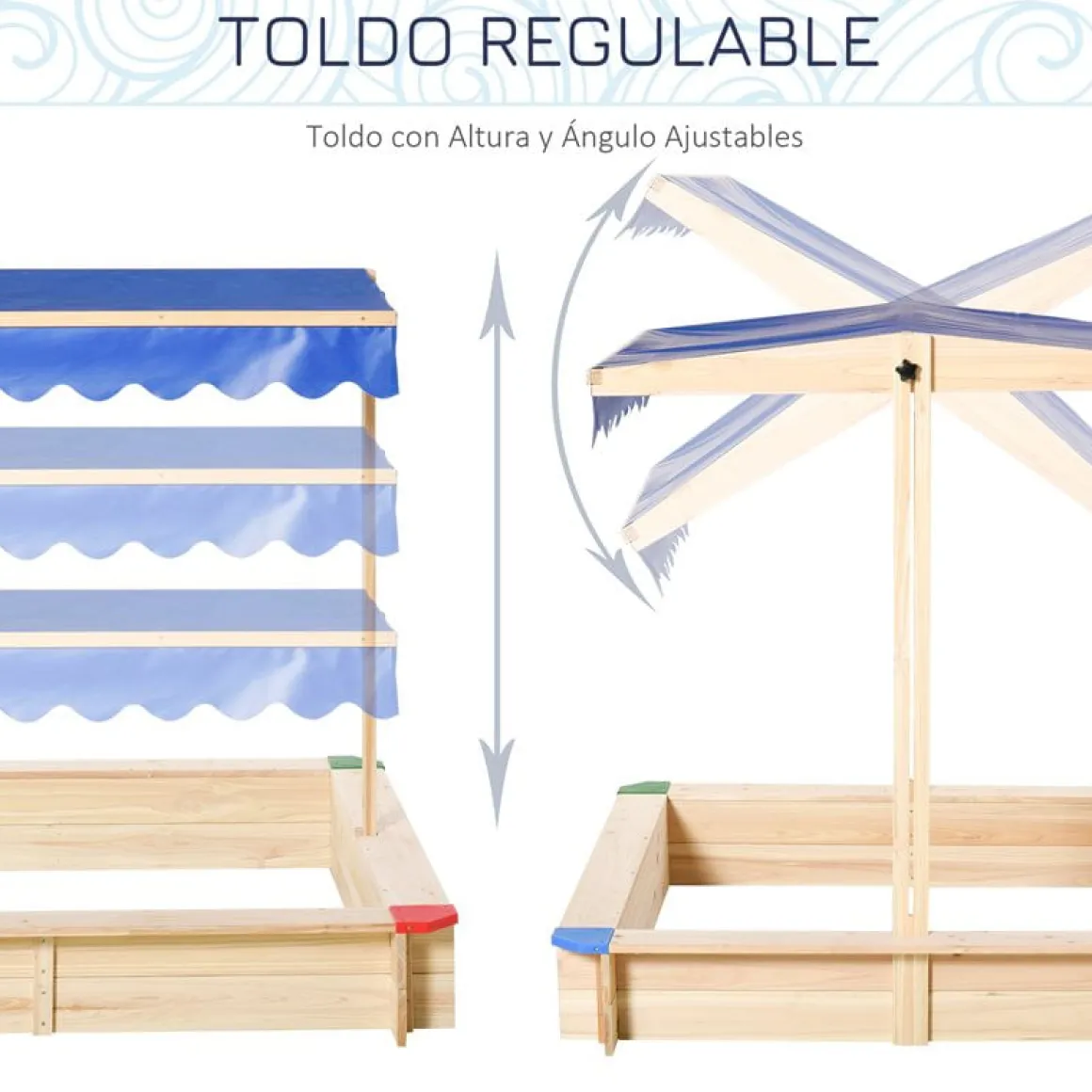 Arenero infantil Outsunny con toldo ajustable +3A azul 120x120x120 cm