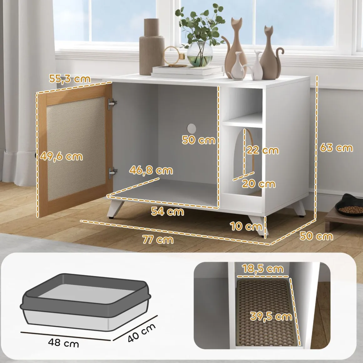 Arenero MisMiss PawHut con puerta de sisal y compartimento blanco/natural 63x77x50 cm